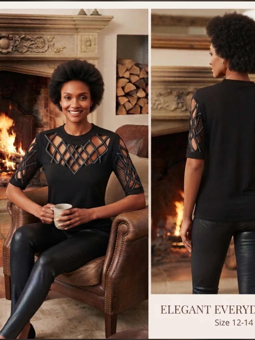Women's Black Rhinestone Lattice Cutout Top - Size 12 - Stretch Knit - NWT